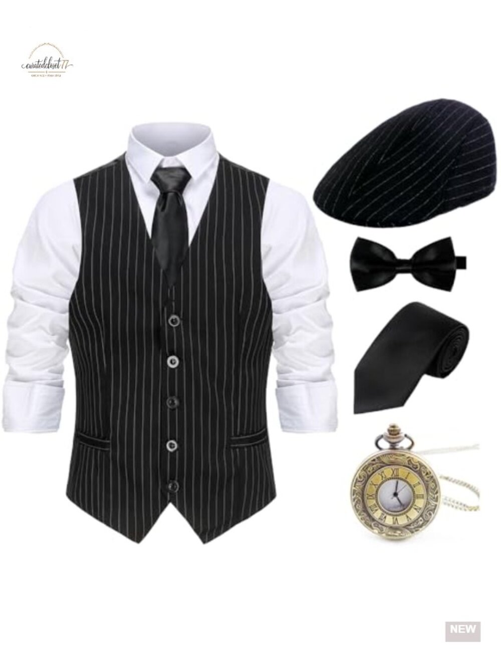 1920s Gatsby Gangster Men Accessories Set Vest Hat Bow Tie Pocket Watch